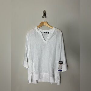 NEW Linen Blend White Long Tunic Top Shirt Split Neck Pockets Large 276